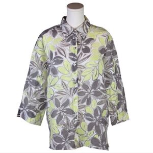 Samantha Grey Floral Sheer Button Blouse Green Gray Size 12 Vacation Top